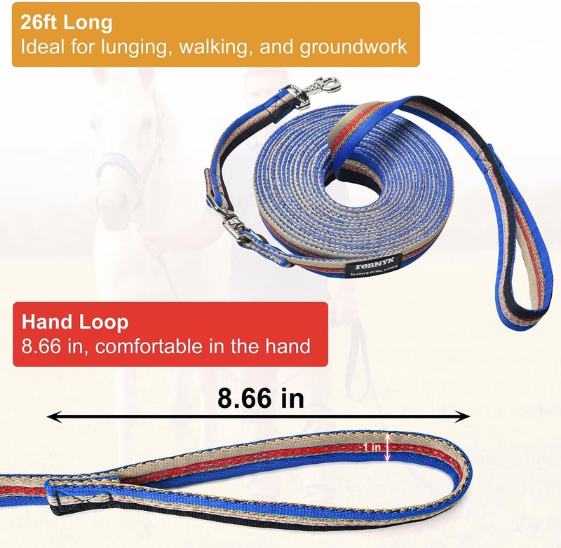 Fornyk Lunge Line for Horse, Premium Equine Lunge Line with Alloy Trigger Buckle and Dual Swivel Snaps for Accurate Equestrian Training, Competition and Daily Use, 26ft/8m (Gray-Red-Blue) - Image 3